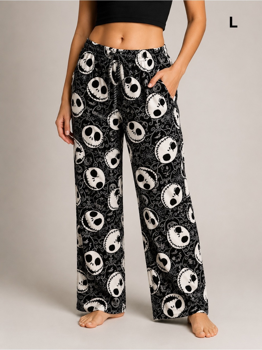 Disney nightmare before Christmas Black Skull-Print Wide Leg Pajama Pants LARGE